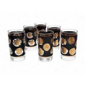 6 Vintage Libbey Whiskey Clear Glasses Black Texture Gold Patriotic Medallions